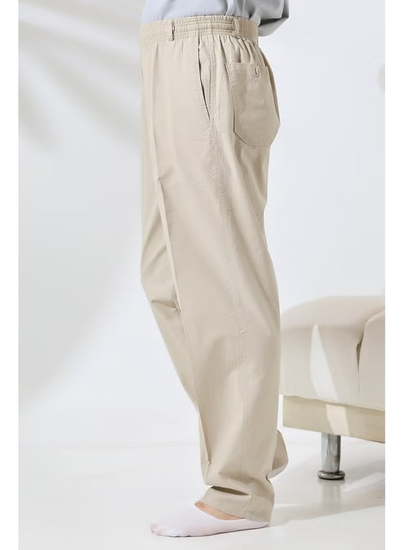 Ihvan Online Men's Cream Comfortable Cut Elastic Waist Linen Hajj and Umrah Shalwar Trousers - Image 3